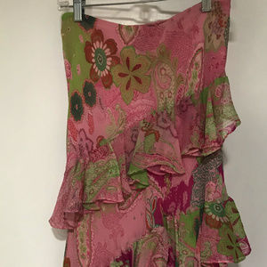Pink Paisley silk skirt with asymmetrical ruffles.